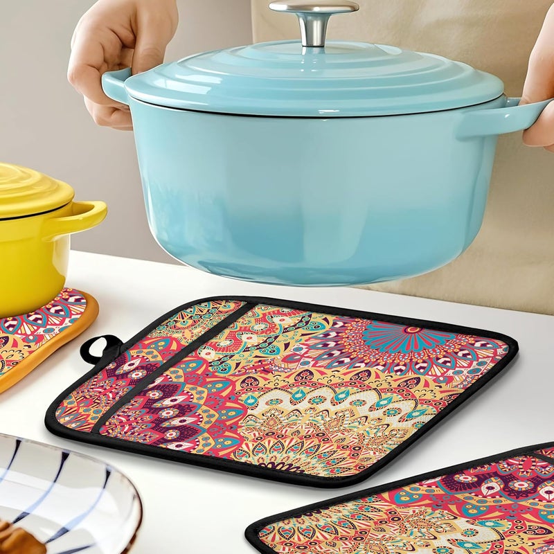 HUGANE Colorful Abstract Mandala Floral Pot Holders for Kitchen, Boho Vibrant Ethnic Flower Botanical Heat Resistant Hot Pads and Oven Mitts for Baking Cooking - Image 5